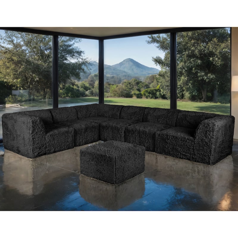 Furniture of America Ylena Modern 7-Piece Faux Fur Foam Modular Compressed Sectional Sofa with Ottoman - Black