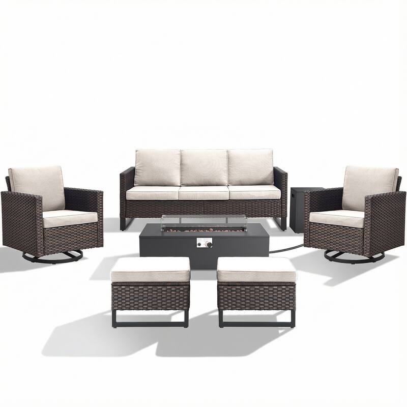 Pocassy Patio 5/7PCS Sofa Swivel Chair Ottoman with Fire Pit Table