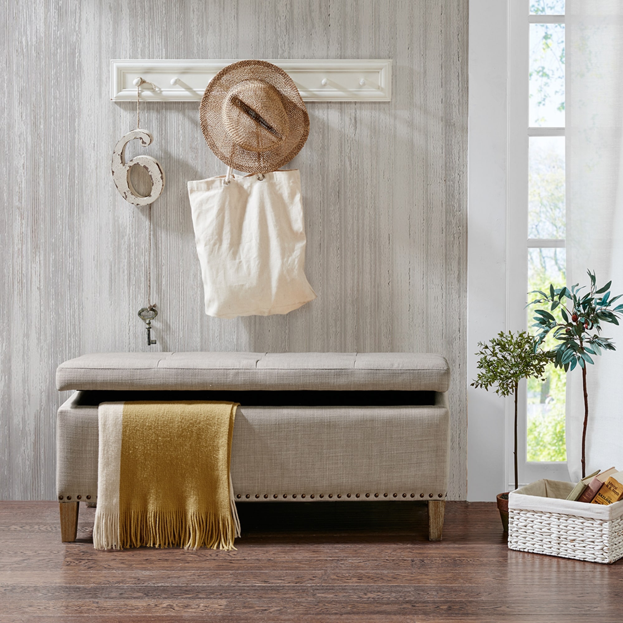 Roomfitters Tufted Top Storage Bench, Modern Fabric Ottoman Trunk with Soft Close Lid and Copper Nailhead Trim