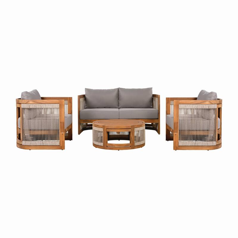 4-Piece Outdoor Wood Conversation Sofa Set with Coffee Table, Cushions