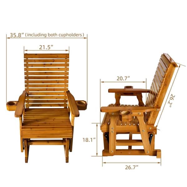 dimension image slide 0 of 4, Fortune Candy Patio Glider for One Person, with Horizontal Slat Back, Cup Holder & Deep Contoured Seat – 600 lb