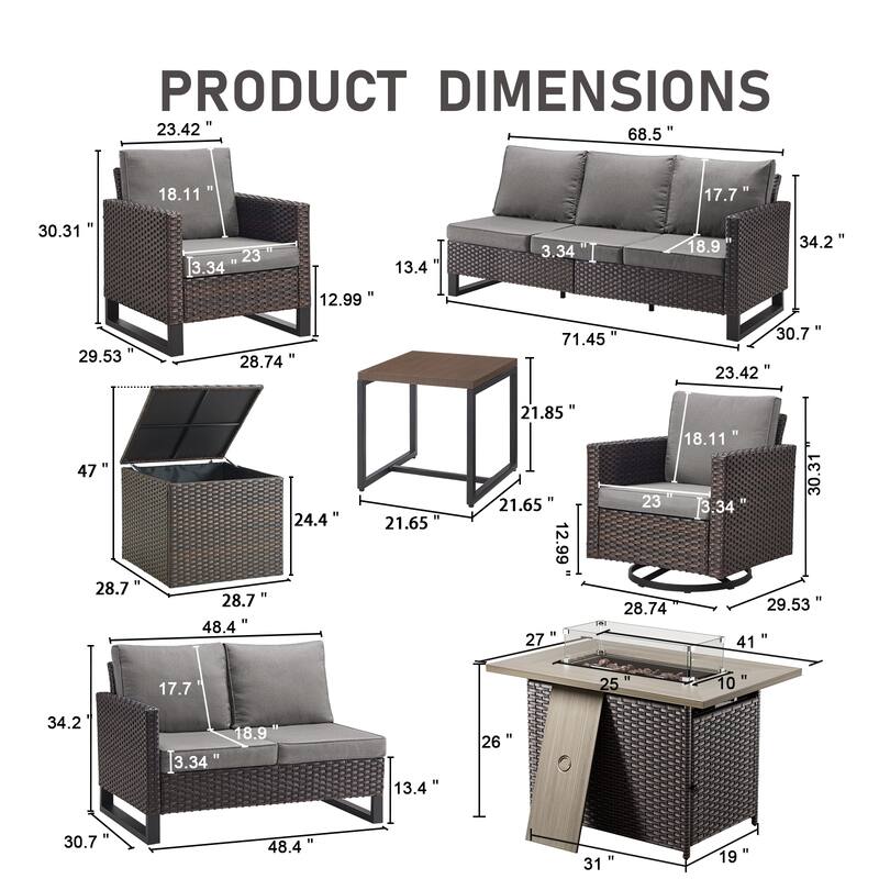 Gymojoy 9 Piece All-Weather Wicker Outdoor Patio Family Conversation Set Group With Fire Pit Table