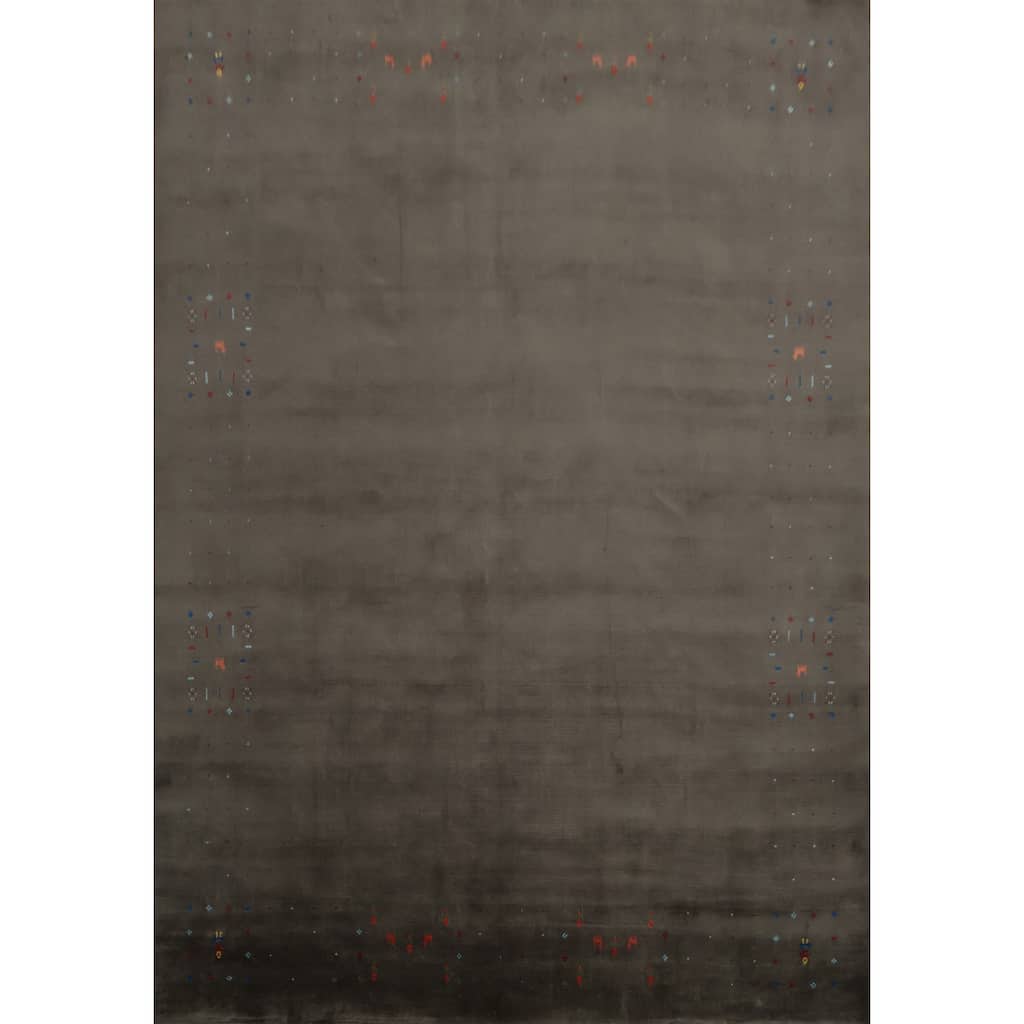 Hand Knotted Oriental Viscose Silk Carpet Tribal Animal Pictorial Brown Gabbeh Area Rug - 9' 7'' X 8' 0''