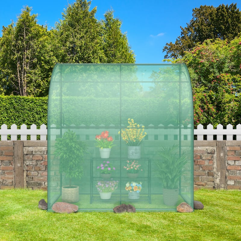 7'x 3.5'x 7' Greenhouse Portable Wall House w/ Green PE Cover & Shelf - 78'' x 38.5'' x 84.5''(Lx Wx H)