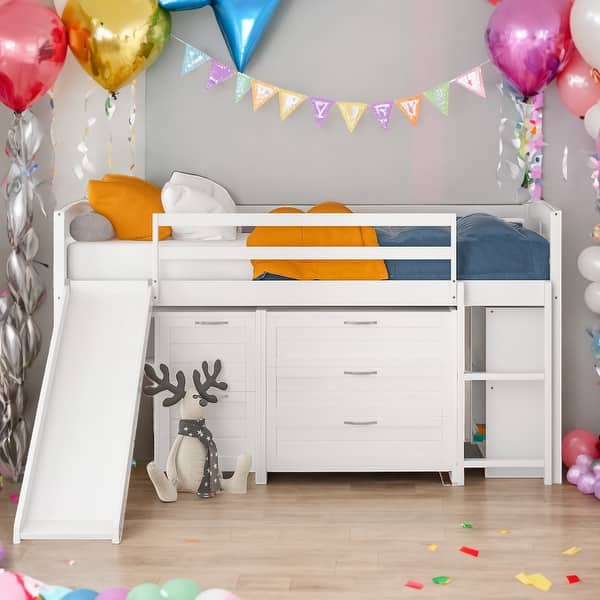 slide 2 of 9, Modern Twin Size Low Loft Bed with Cabinets,Shelves and Slide For Bedroom,Kids White