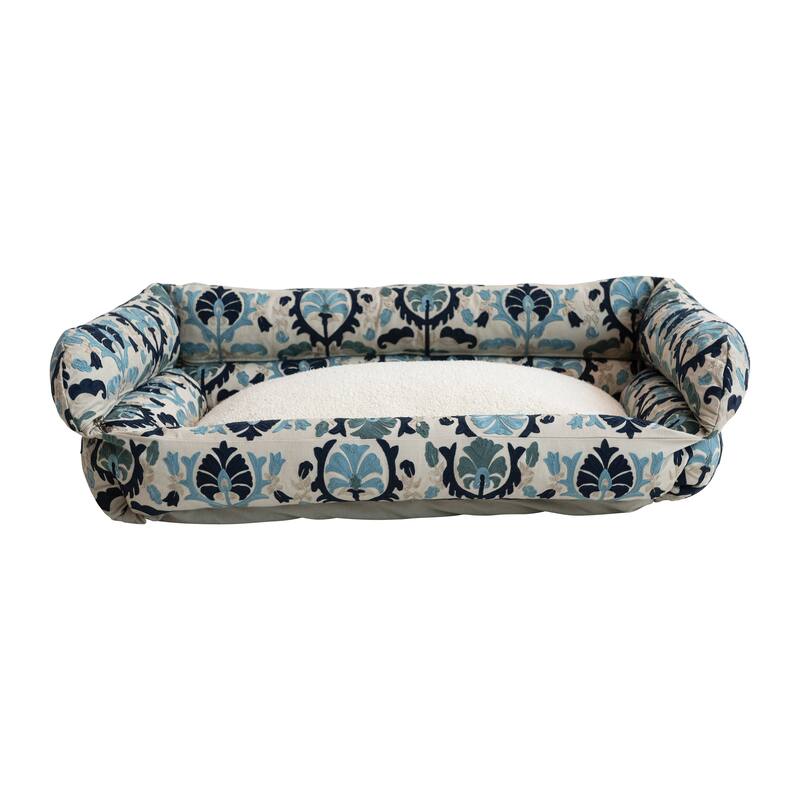 Cotton and Sherpa Pet Bed with Floral Design - Blue - 39.0"L x 26.0"W x 10.8"H