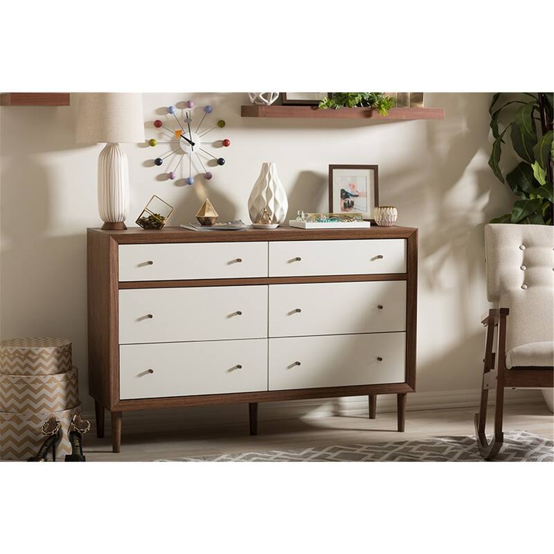 Modern 6-Drawer Dresser - 36" High Storage Chest - Walnut Brown & White Finish - Bedroom Furniture