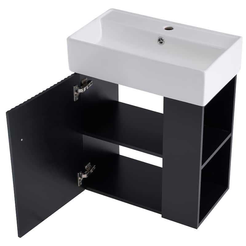 Floating Bathroom Vanity with Ceramic Sink, Wall Mounted Bathroom Vanity, Bathroom Cabinet with Door & Right Side Shelf