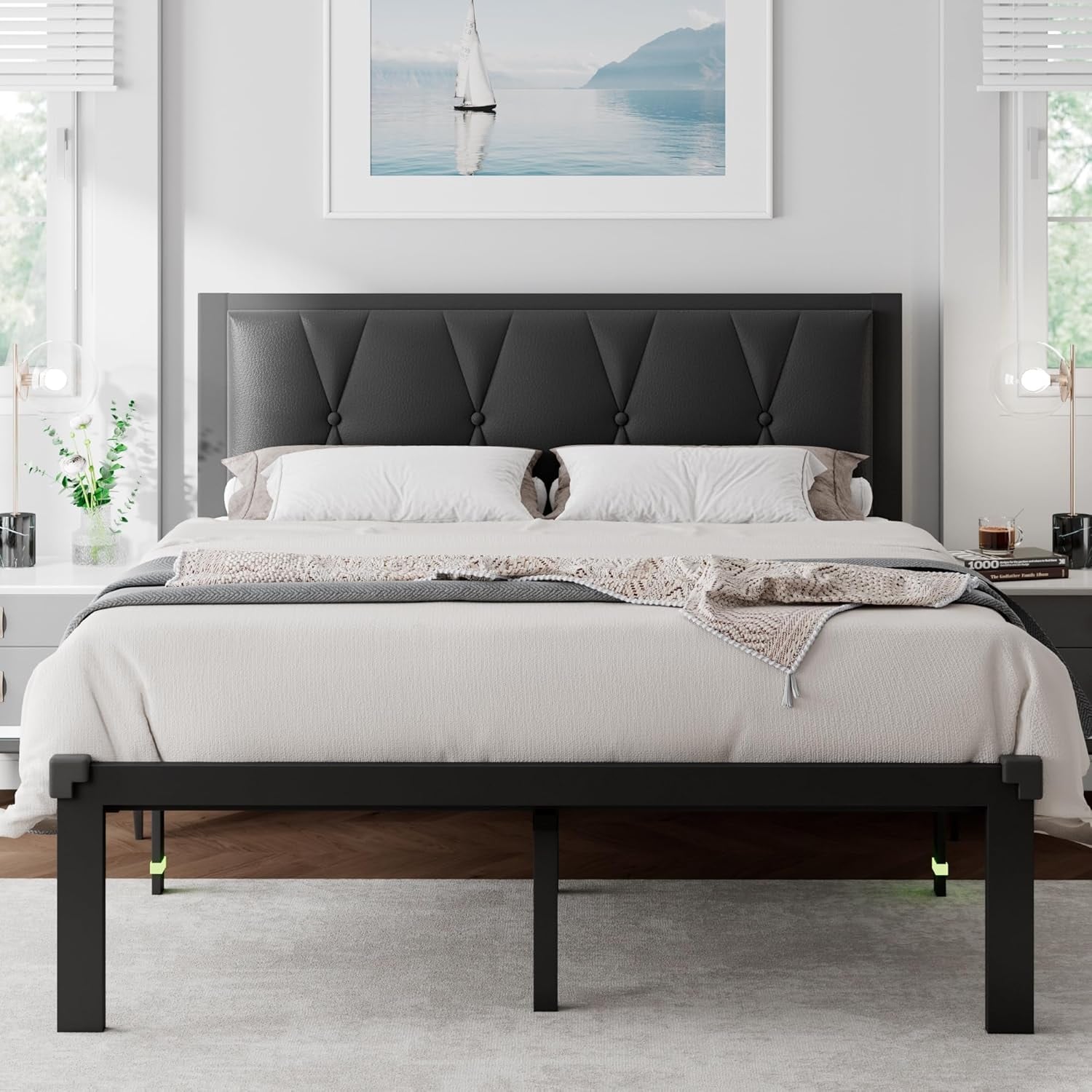 Queen Size Metal Bed Frame with Faux Leather Headboard, 12 Inch Storage Space, Noise Free