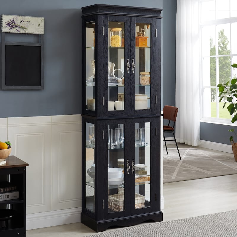 Elegant Black Wooden Curio Cabinet - Glass Display Case With Built-In Lighting For Wine & Collectibles‌ - Black