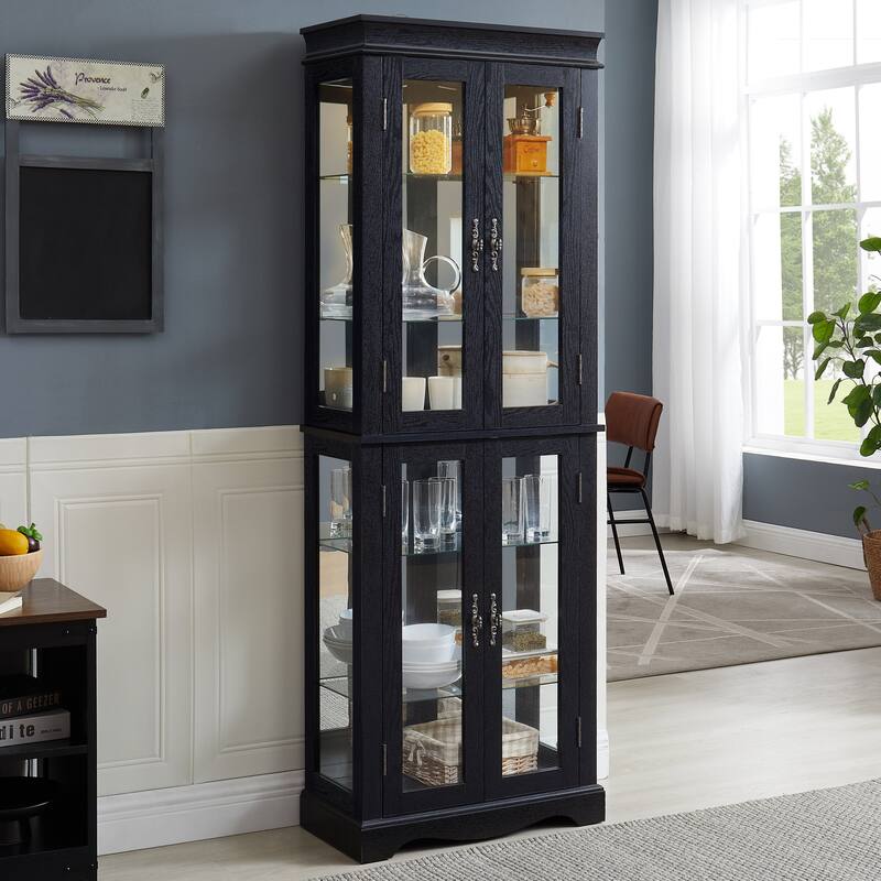 GDF Studio - Tall Lighted Curio Cabinet with Six-Tier Display and Wood Frame.