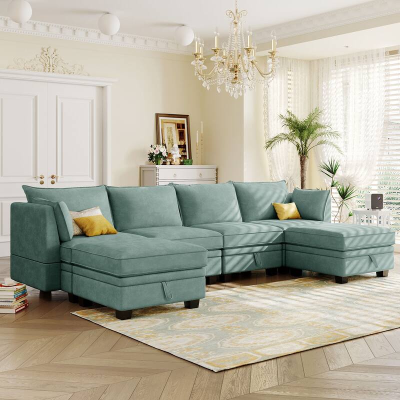 Green 115.1" Large U-Shaped 6-Seat Sofa with Storage & Pull-Out Bed - Light Green