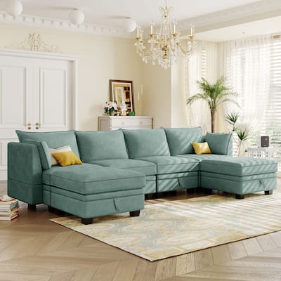 Modern U-Shape Modular Sectional Sofa, Convertible Sofa Bed with Reversible Chaise for Living Room, Storage Seat,6-piece
