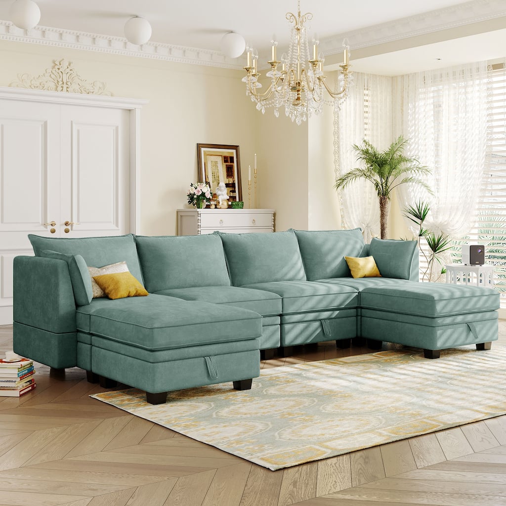 Modern U-Shape Modular Sectional Sofa, Convertible Sofa Bed with Reversible Chaise for Living Room, Storage Seat,6-piece