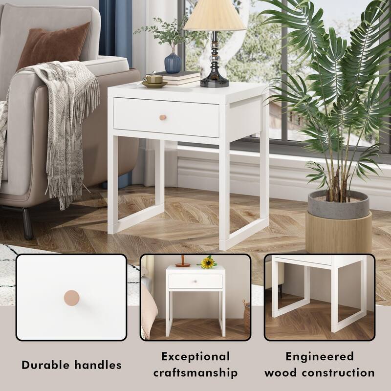 Sleek White Nightstand‌ – Minimalist Bedside Table with Wooden Pull Drawer, Space-Saving End Table for Bedrooms & Apartments.