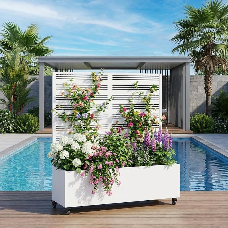 Outdoor Metal Galvanized Privacy Screen Planter Box with Trellis Lockable Wheels