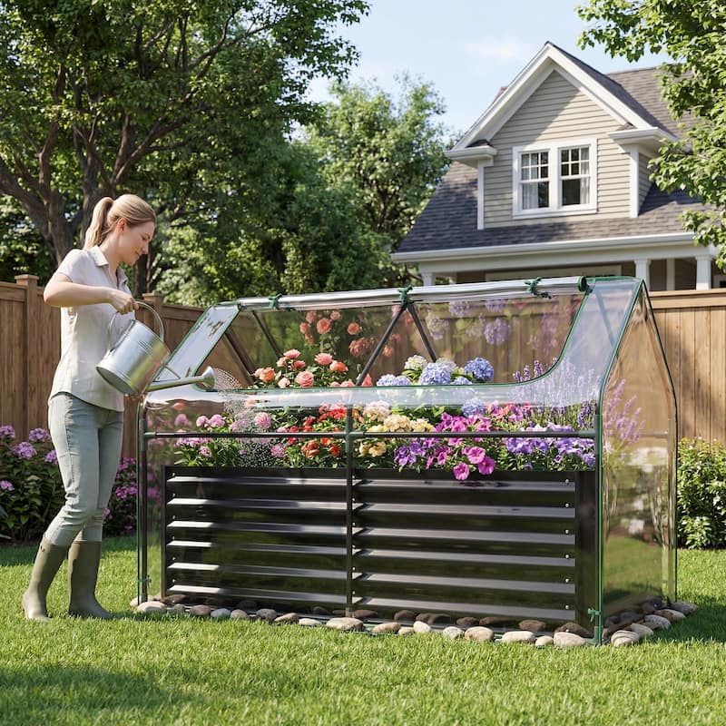 Gymax Raised Garden Bed w/ Cover 68'' x 33'' x 21'' Planter Box w/
