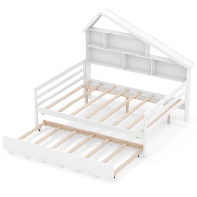 Gymax Full Size Daybed w/ Twin Size Trundle Bedside Bookshelf &