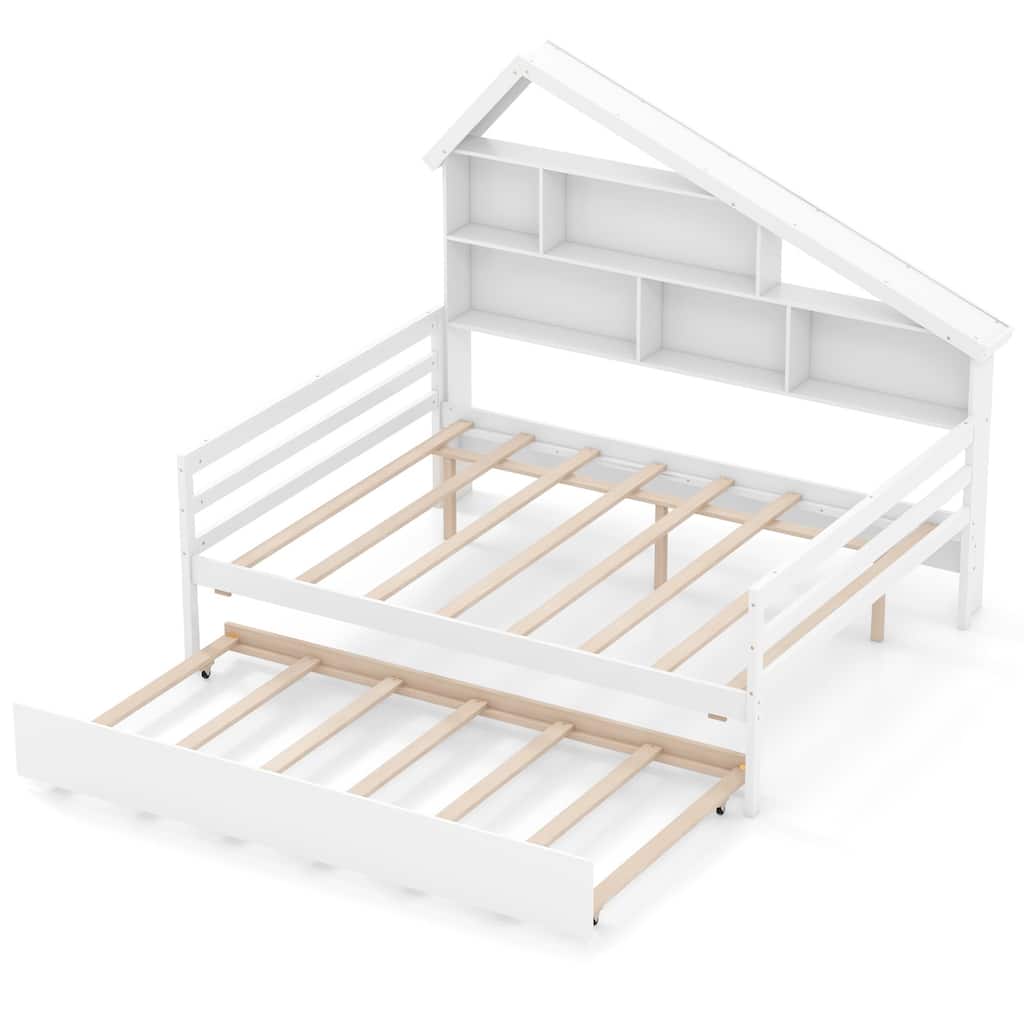 Gymax Full Size Daybed w/ Twin Size Trundle Bedside Bookshelf &
