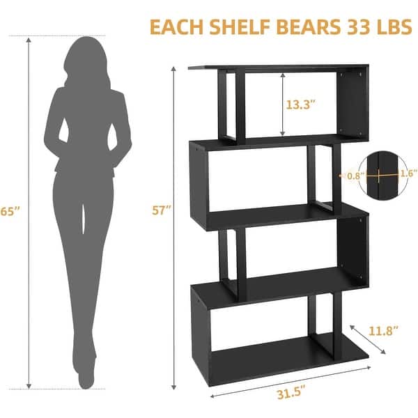 dimension image slide 1 of 5, Hermoth Wood 5 Tiers Bookshelf S-Shaped Z-Shelf Style Bookcase Storage Display
