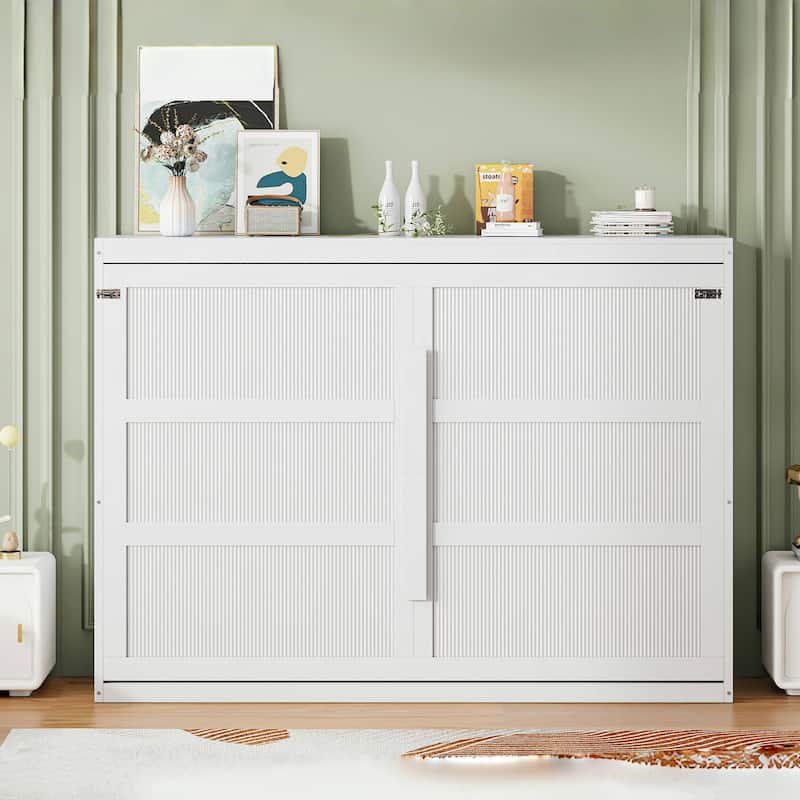 Folding Wall Cabinet Bed Queen Size Murphy Bed with LED Lights - White - Queen