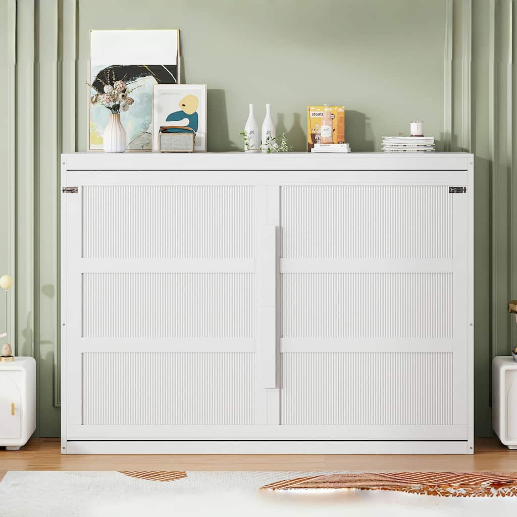 Folding Wall Cabinet Bed Queen Size Murphy Bed with LED Lights