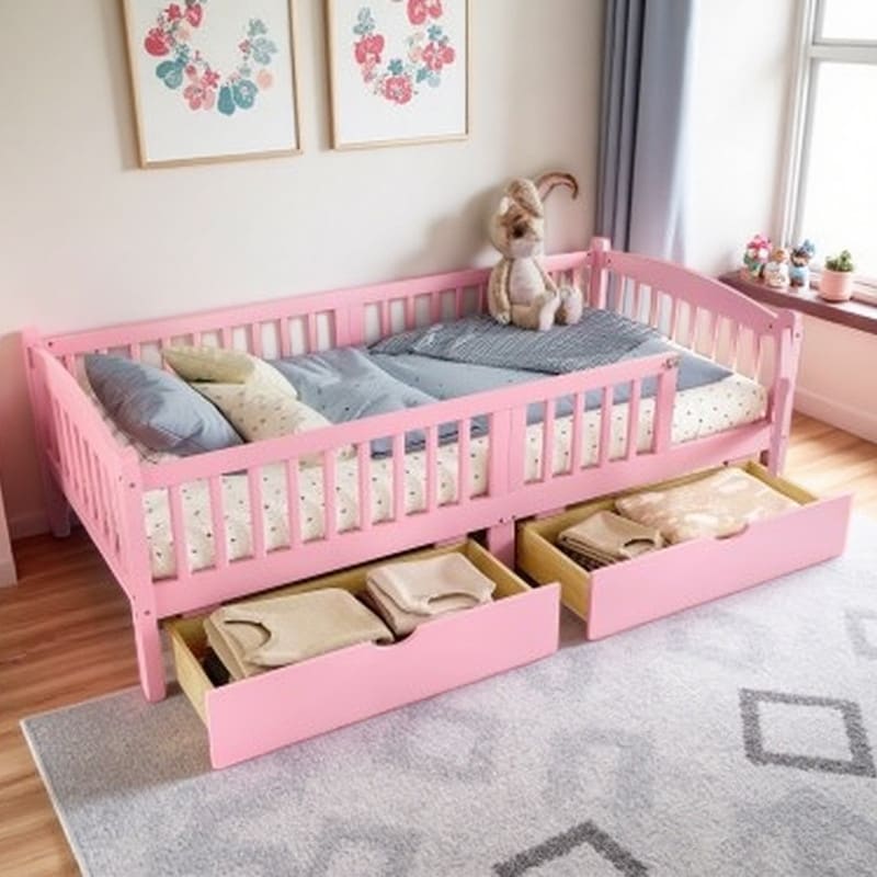 Twin XL Kids Platform Bed Frame with Full-Length Safety Guardrails, Storage Drawers