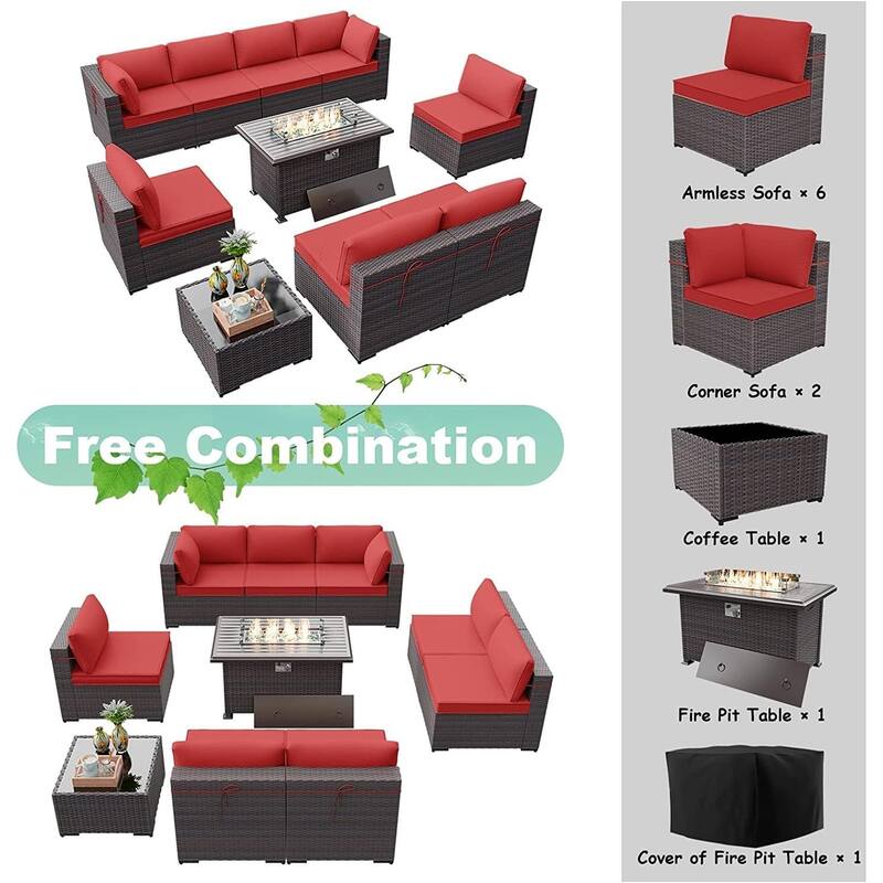 Delnavik 9-Pieces Wicker Patio Furniture Set with Firepit,Outdoor Seatings with Cushions - 9 pieces