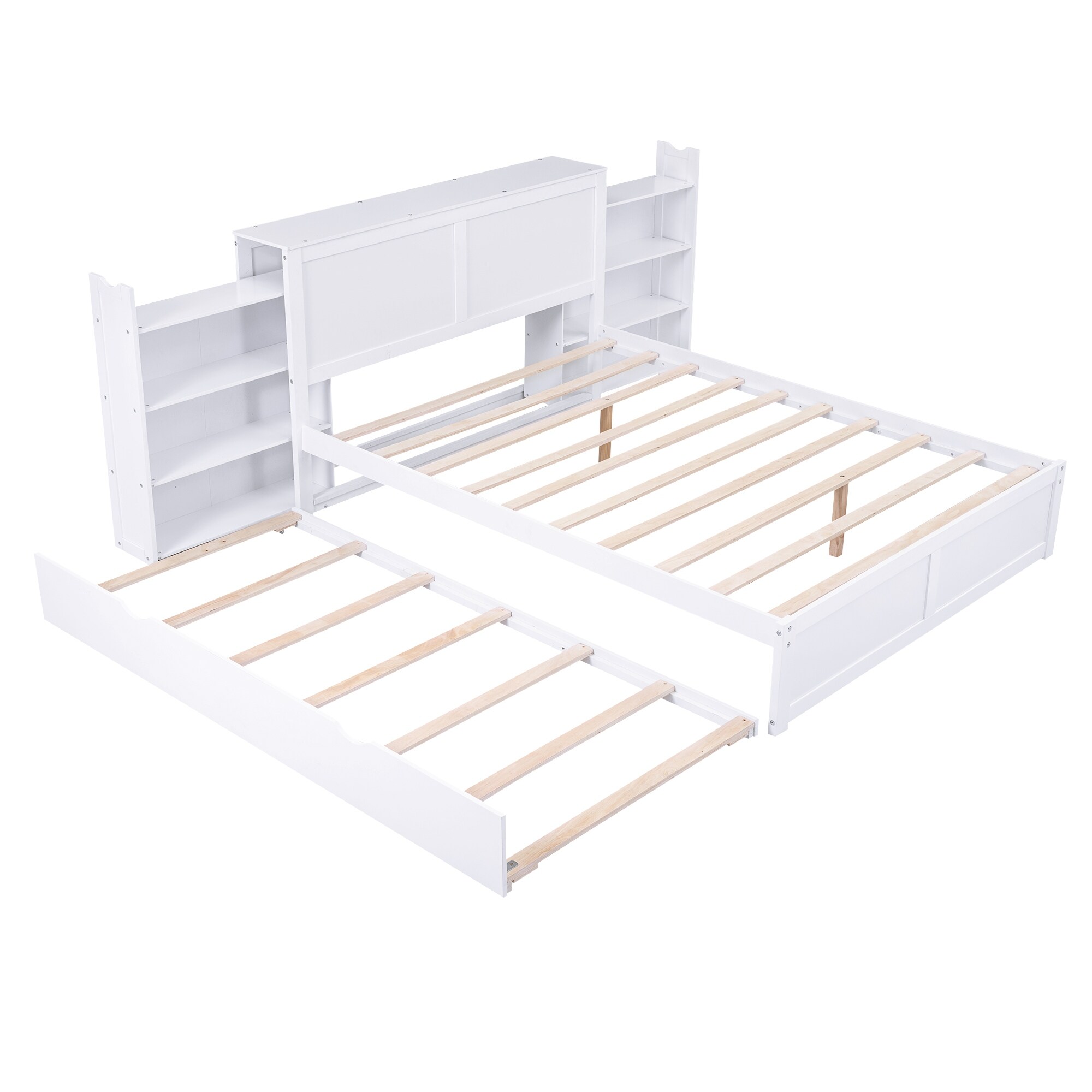 Queen Size Storage Bed Frame with Pull Out Shelves and Twin XL Trundle Wooden Platform Bedframe w Headboard White