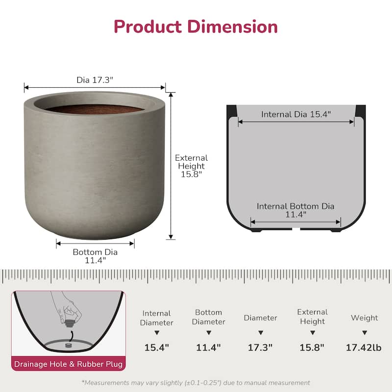 Concrete Round Planter with Enhanced Interior Outdoor Indoor Pot with Drainage Holes