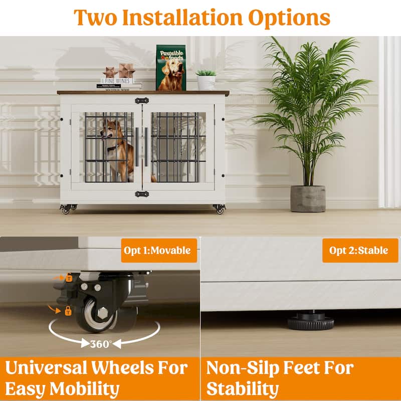 Dog Crate Indoor Heavy Duty Double Doors Wooden Dog Cage with Cushion