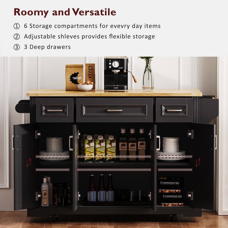 Kitchen Island with Drop Leaf, Adjustable Shelf, Spice Rack, Towel Rack, 2 Doors and 5 Drawers