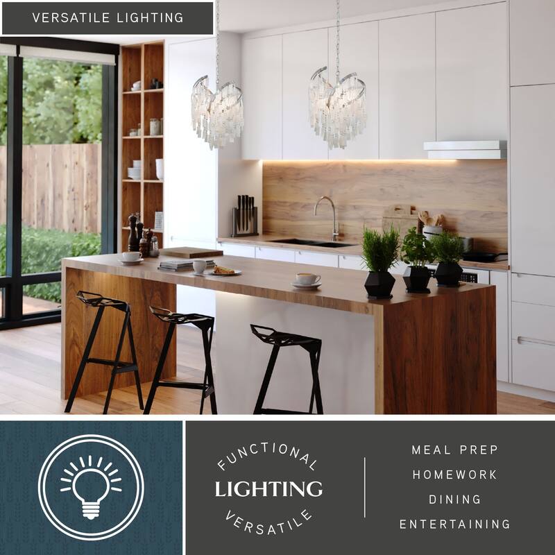 Isabel 4L Satin Nickel Coastal Glam Pendant Chandelier Light with Capiz Shells and Crystal - 16-in W x 20.5-in H x 16-in D
