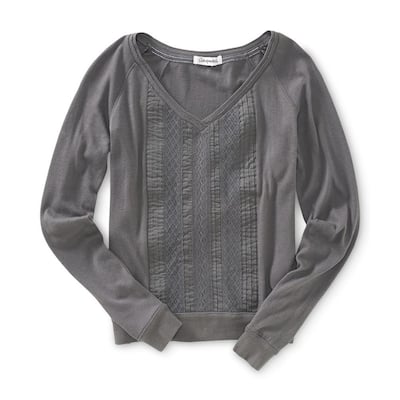 Aeropostale Womens Solid Ls Lattice Front Embellished T-Shirt