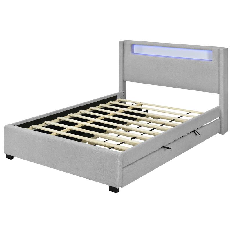 HomeRoots Light Gray Tufted Boucle Lighted Queen Bed Frame With Trundle And USB And Drawers