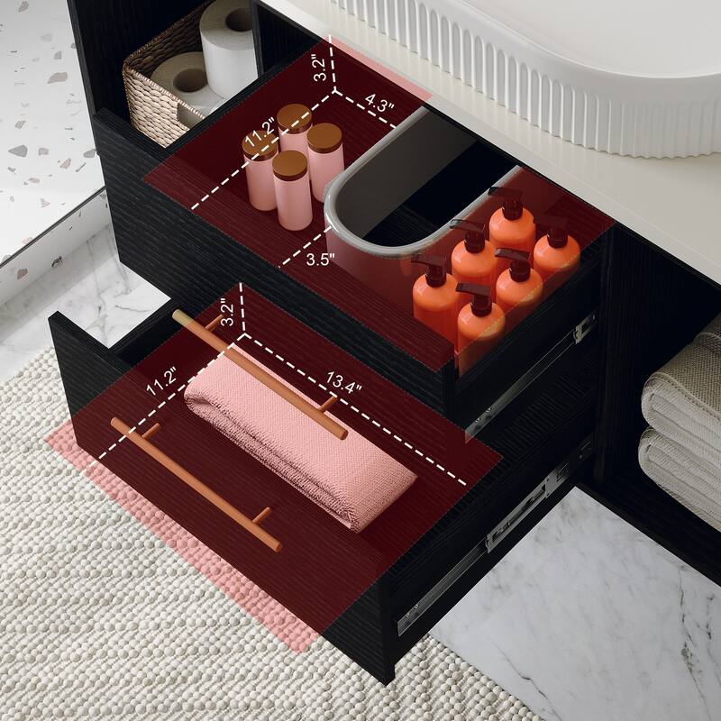 Wall-Mounted Bathroom Vanity With Ceramic Sink Floating Vanity Multi-Layer Solid Wood Cabinet Soft-Close Drawers Open Shelf