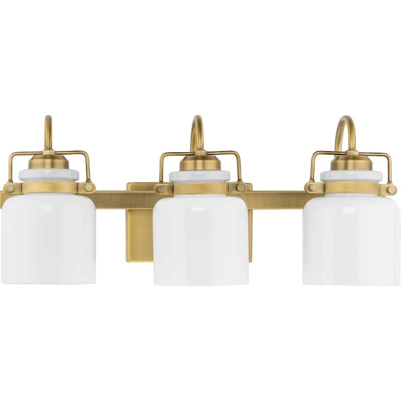 Fessler Collection Three-Light Vintage Brass Opal Glass Farmhouse Bath Light - 21.12 in x 7.12 in x 9.12 in - 21.12 in x 7.12 in x 9.12 in