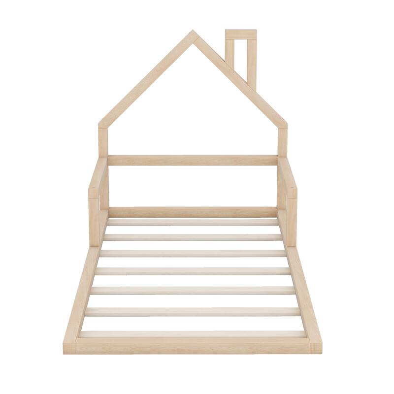 Twin Size Floor Bed with House-shaped Headboard in Natural Finish