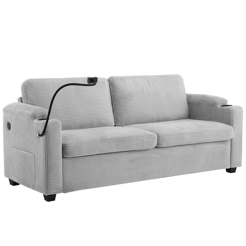 72.8" Corduroy Sleeper Sofa with Full Size Mattress and USB Ports, Loveseat Sofa with Cup Holders and Side Pockets