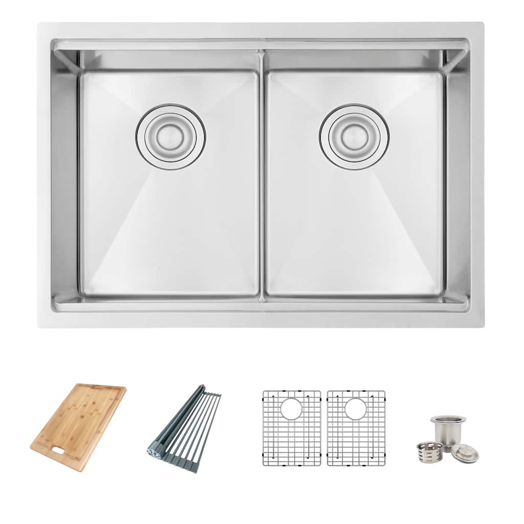 AZUNI 28 inches L x 19 inches W Double Bowl Undermount 16G Workstation Kitchen Sink with accessories C228L - 28" x 19" x 10"