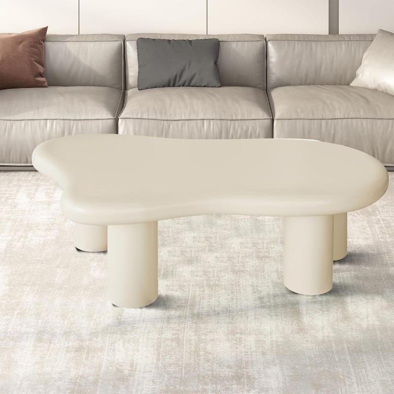 Modern Minimalist Cloud Coffee Table with Wood Legs for Bedrooms, Living Rooms and Lounges - Beige Top+Beige Cylinder Legs - 47.2"W x 31.5"D x 15.7"H