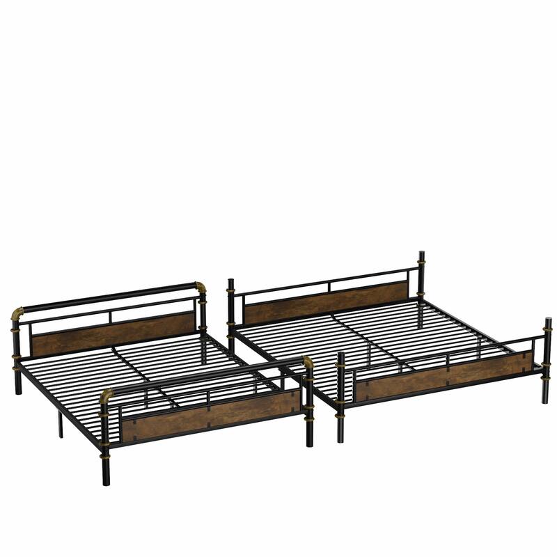 Full XL Over Queen Metal Bunk Bed with Ladder, Safety Guardrails & Rustic Wood Accents