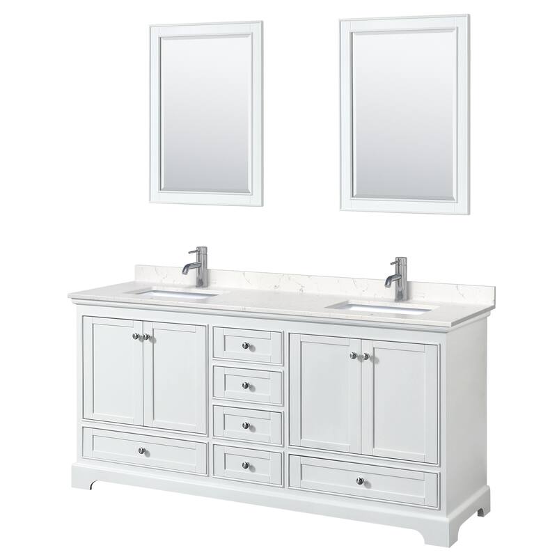 Deborah 72-inch Double Vanity, Cultured Marble Top, 24-inch Mirrors - White, Chrome Trim, Carrara Cultured Marble Top