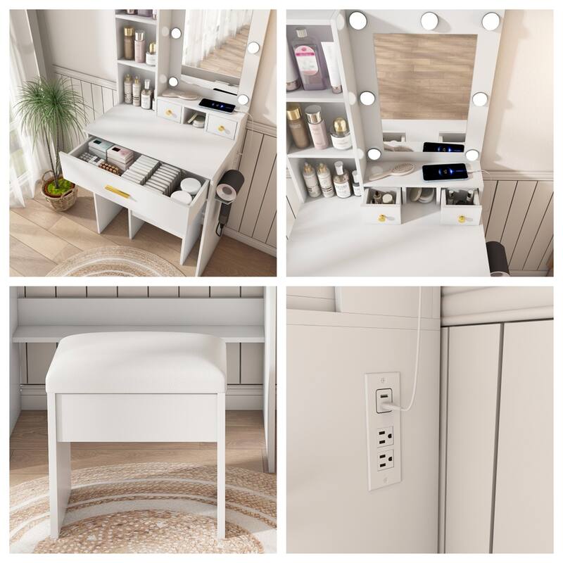 Vanity Table with Mirror & Adjustable LED Lights, Power Outlet, Hairdryer Holder & Stool