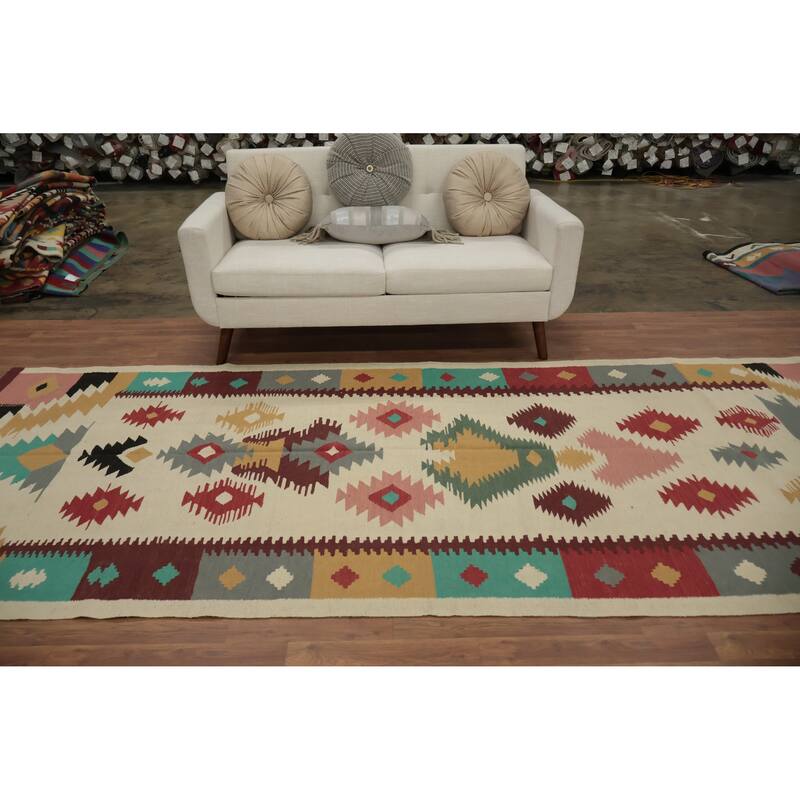 Hand Woven Oriental 100% Wool Carpet Southwestern Tribal Beige & Ivories Kilim Area Rug - 11' 9'' X 4' 10''