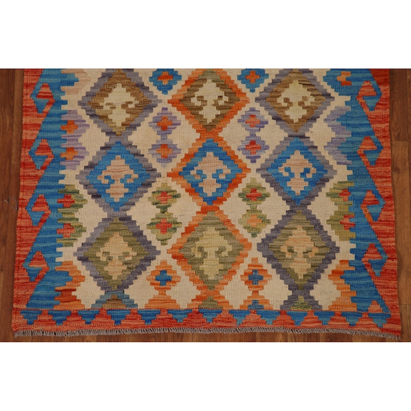 Geometric Kilim Area Rug Hand-woven Wool Carpet - 3'3" x 4'9"
