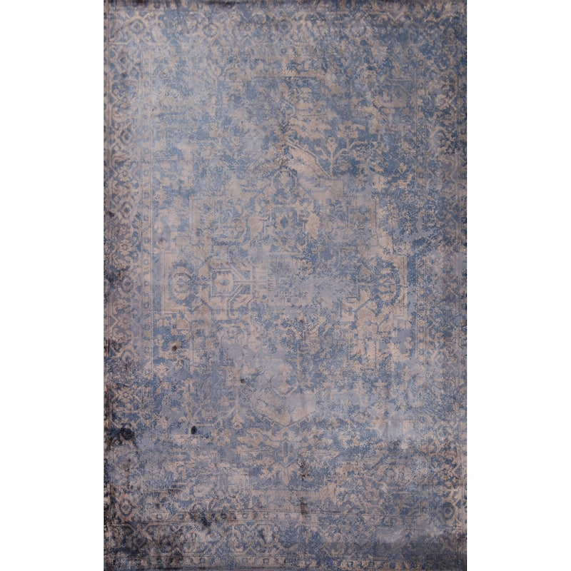 All-Over Blue Abstract Indian Area Rug Handmade Wool Carpet - 6'7"x 9'8"