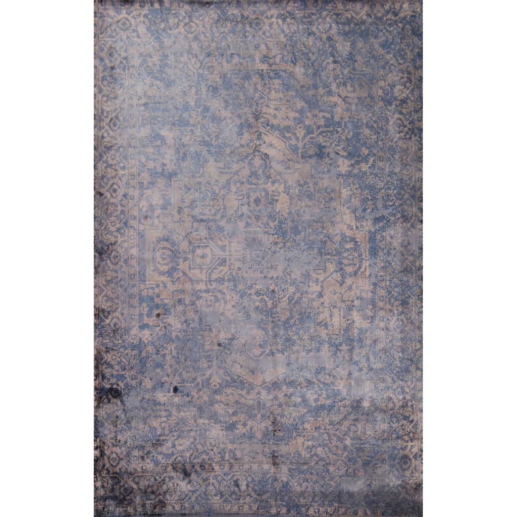 All-Over Blue Abstract Indian Area Rug Handmade Wool Carpet - 6'7"x 9'8"