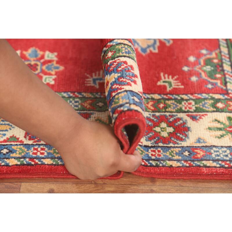Geometric Red Kazak Oriental Accent Rug Handmade Wool Carpet - 2'10" x 4'2"