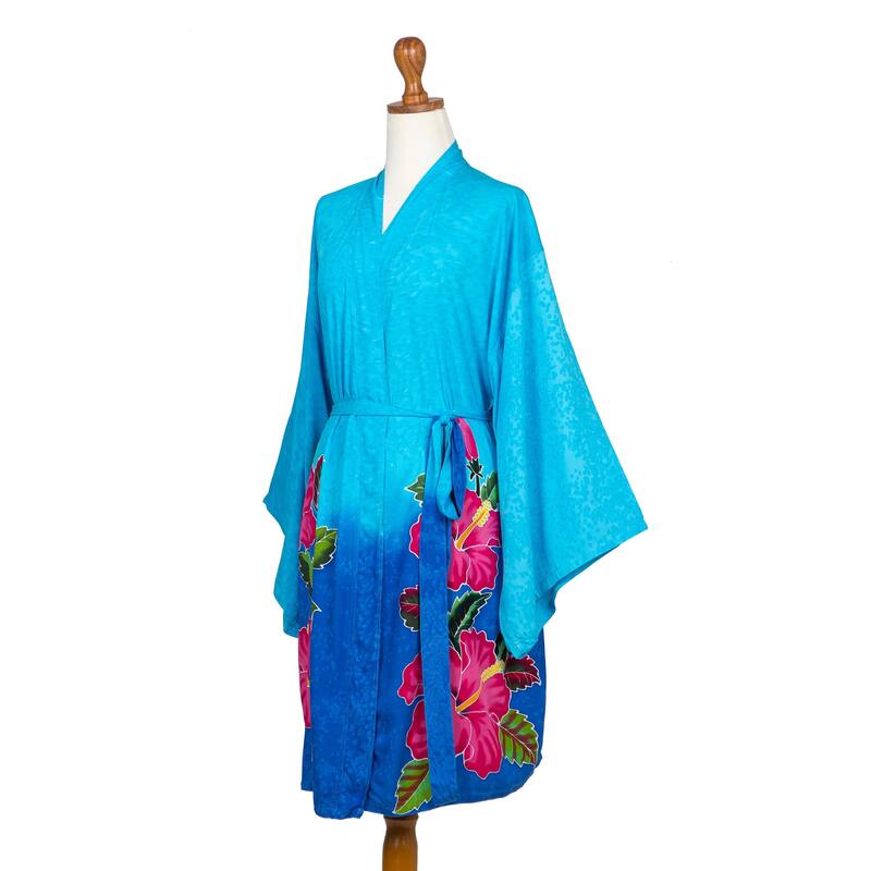 Novica Handmade Sky Lotus Hand-Painted Rayon Robe